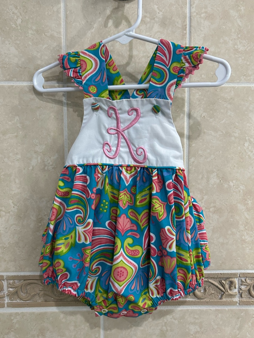 Stellybelly K Monogram paisley Ruffle bottom bubble sunsuit